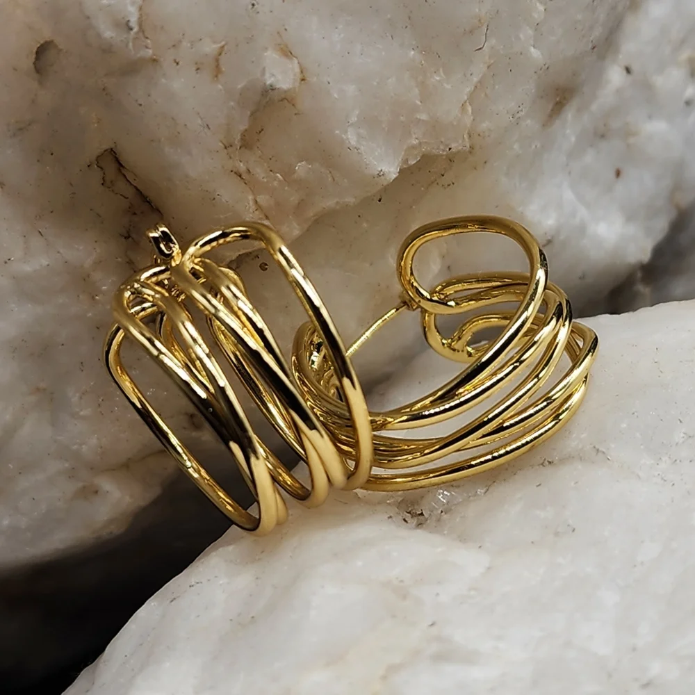 Rhodium/ 18 kt Gold Plated Hoops Earrings/Studs Contemporary Design
